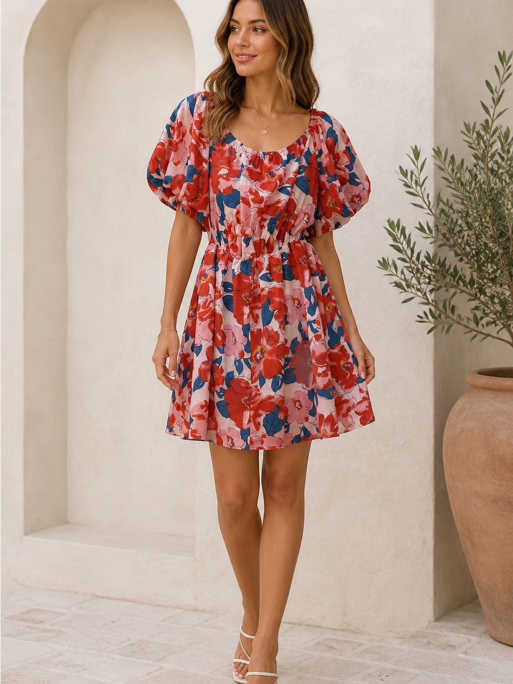Pretty Garden Women’s Floral Midi Dress Size Medium Flutter Sleeve Pink Red